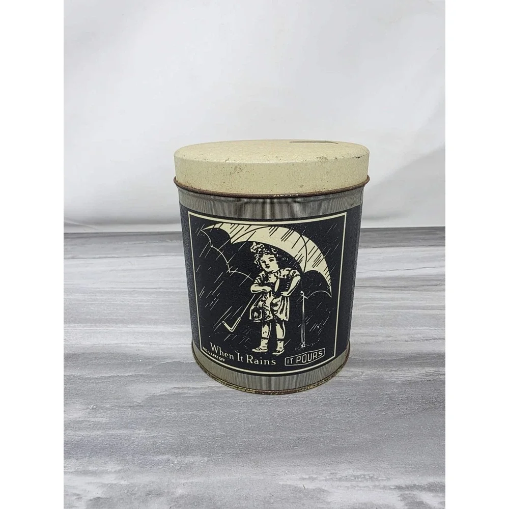 2 Vintage MORTON SALT When It Rains It Pours Metal Tin Canister Can Bristol Ware